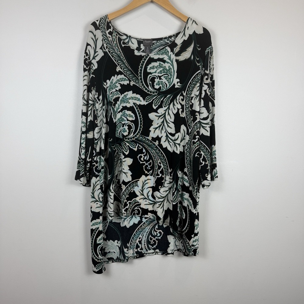 Chico's Travelers Tunic Top Sz 3 US XL Black Green Acanthus Leaf Floral Slinky